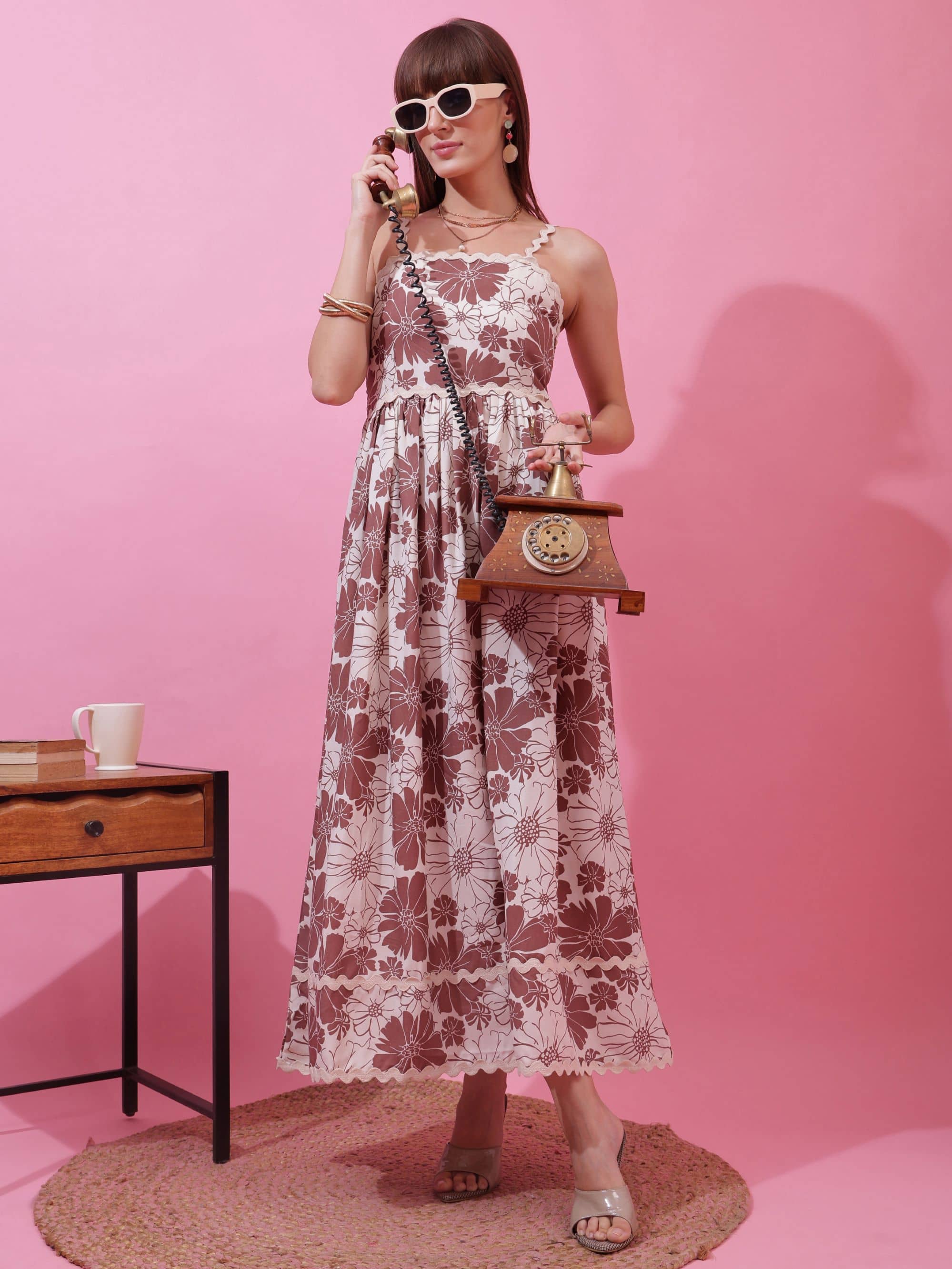 Sheetal associates Women Cotton Printed Fit & Flare Dress ( Brown )