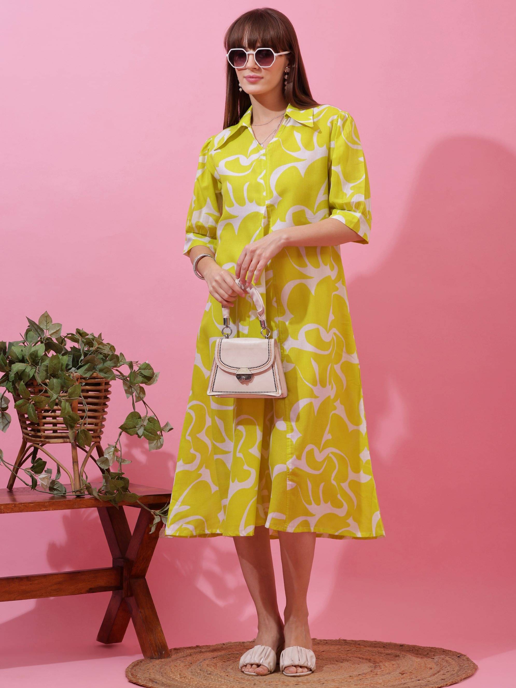     			Sheetal associates Women Cotton Printed A-line Dress ( Lime Green )