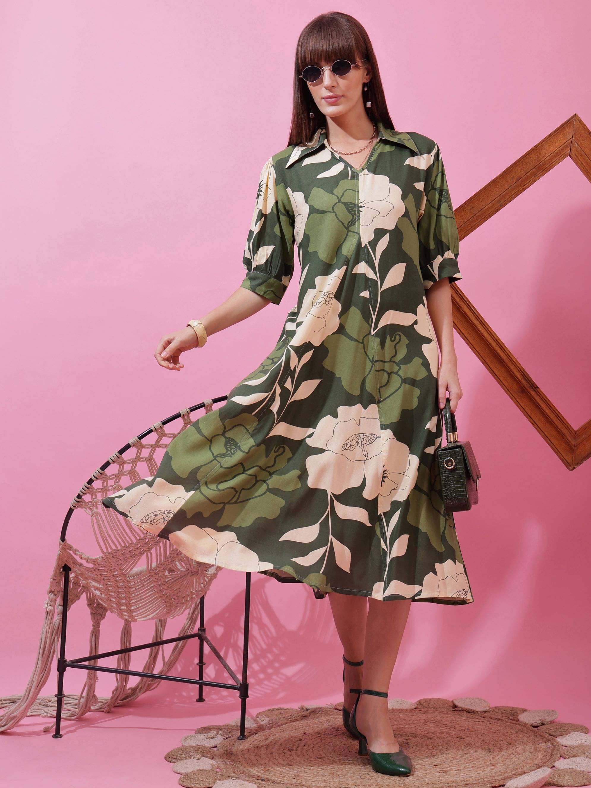     			Sheetal associates Women Cotton Printed A-line Dress ( Green )