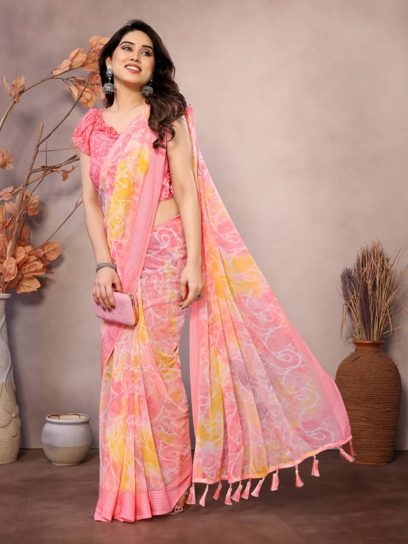 Shree Sai Enterprise Georgette Printed Regular Saree With Stitched Blouse ( Peach ) Shree Sai Enterprise Georgette Printed Regular Saree With Stitched Blouse ( Peach )