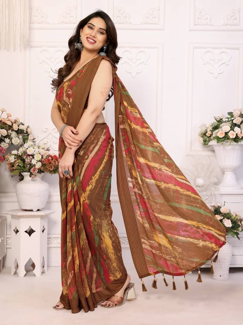Shree Sai Enterprise Georgette Printed Regular Saree With Stitched Blouse ( Grey ) Shree Sai Enterprise Georgette Printed Regular Saree With Stitched Blouse ( Grey )