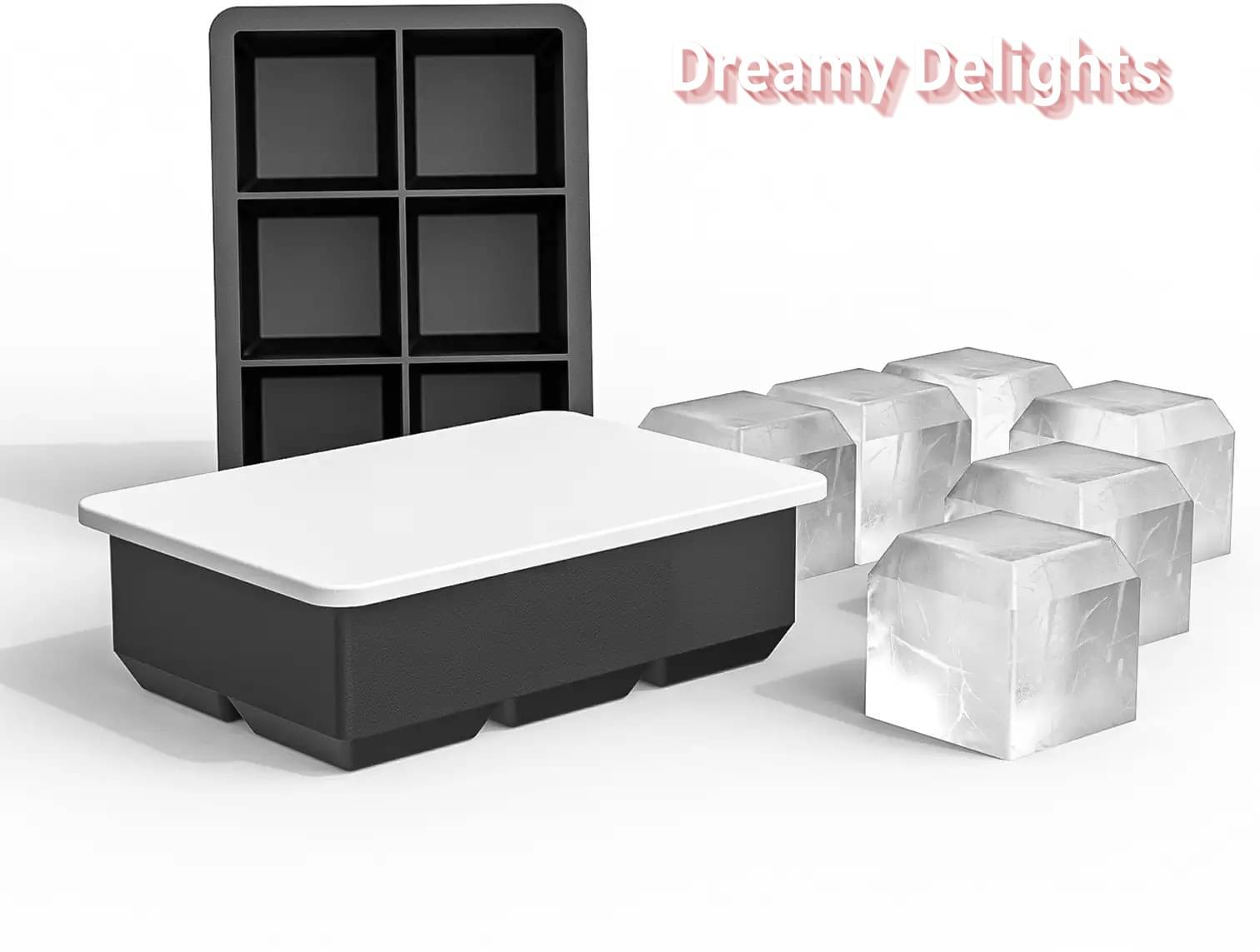 Silicone Large Ice Cube Trays for Freezer 6 Cavities Moulds with Lid Cover Silicone Large Ice Cube Trays for Freezer 6 Cavities Moulds with Lid Cover