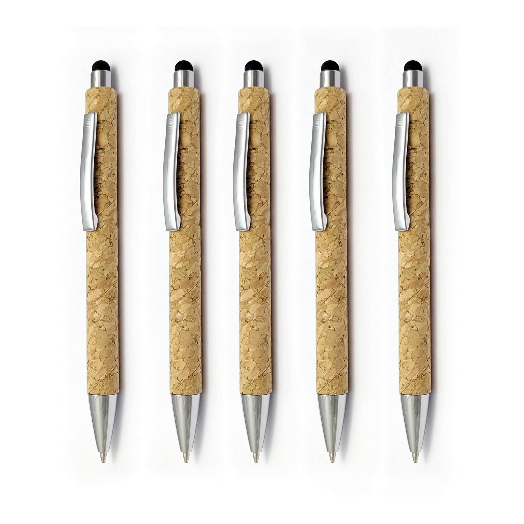     			UJJi Cork Barrel Stylus Pen with Chrome Accents, Set of 5, Touchscreen Compatible Medium Point Blue Ink Click Ball Pen