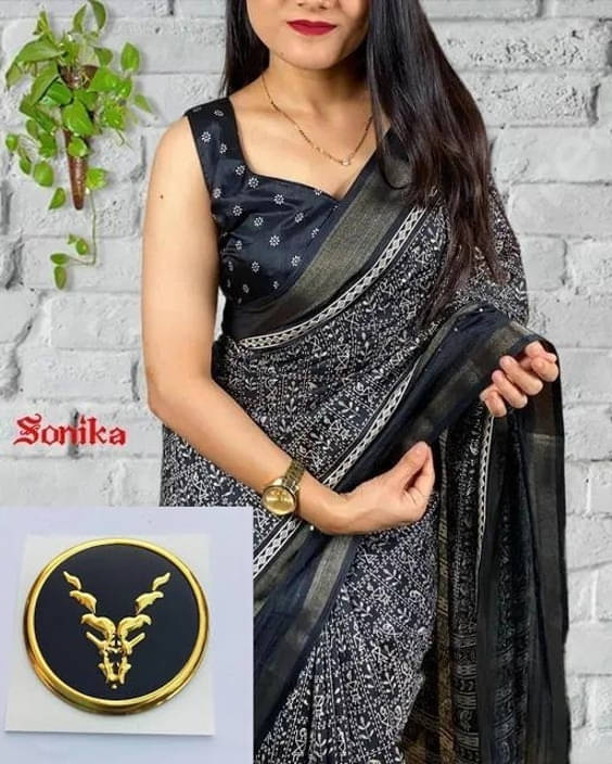     			VRAGI Art Silk Printed Regular Saree With Unstitched Blouse Piece ( Black )