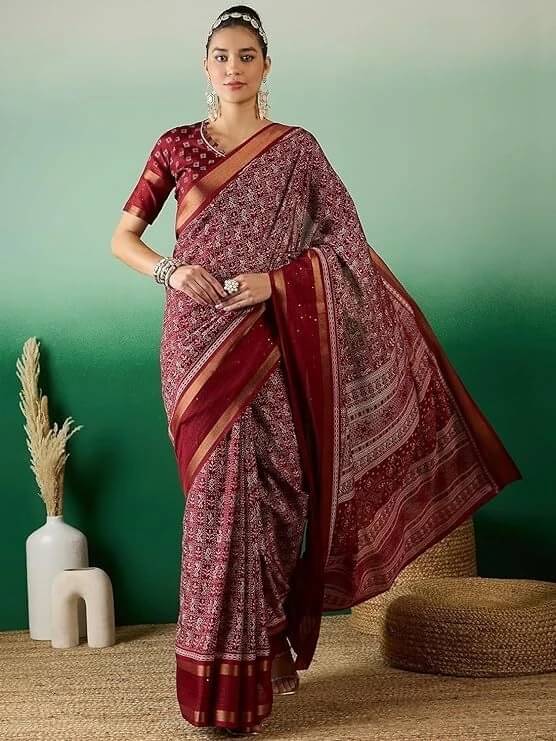     			VRAGI Art Silk Printed Regular Saree With Unstitched Blouse Piece ( Maroon )