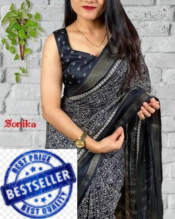     			VRAGI Art Silk Printed Regular Saree With Unstitched Blouse Piece ( Black )