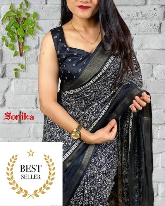 VRAGI Art Silk Printed Regular Saree With Unstitched Blouse Piece ( Black ) VRAGI Art Silk Printed Regular Saree With Unstitched Blouse Piece ( Black )