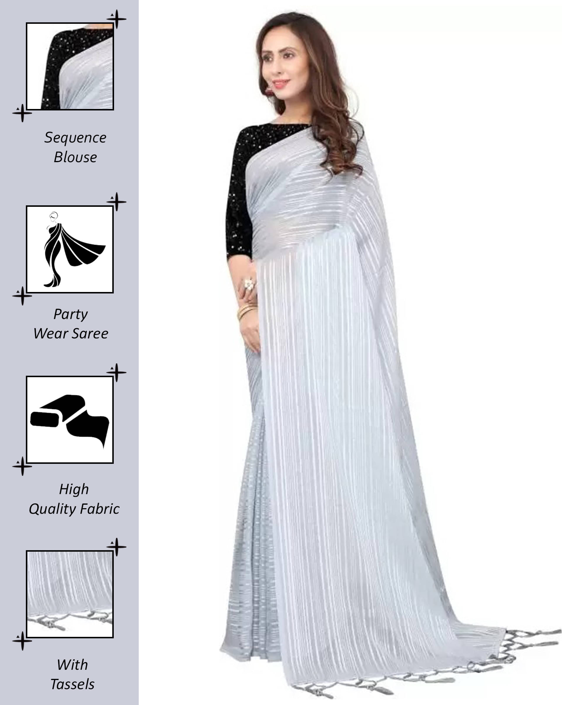 VRAGI Art Silk Striped Regular Saree With Unstitched Blouse Piece ( Grey ) VRAGI Art Silk Striped Regular Saree With Unstitched Blouse Piece ( Grey )