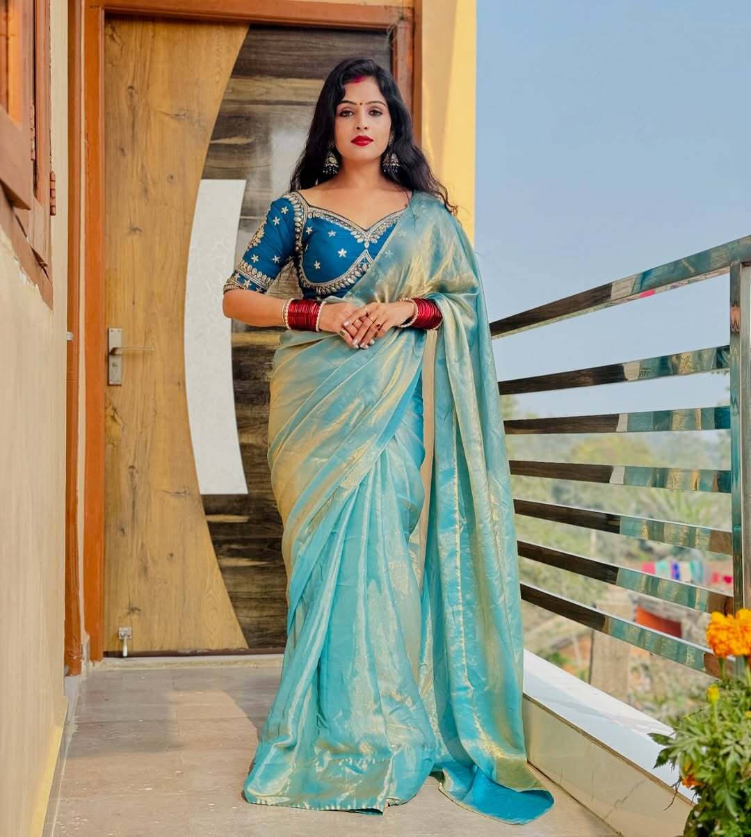     			VRAGI Chiffon Embellished Regular Saree With Stitched Blouse ( Light Blue )