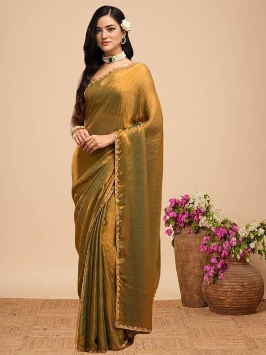     			VRAGI Chiffon Embellished Regular Saree With Unstitched Blouse Piece ( Gold )