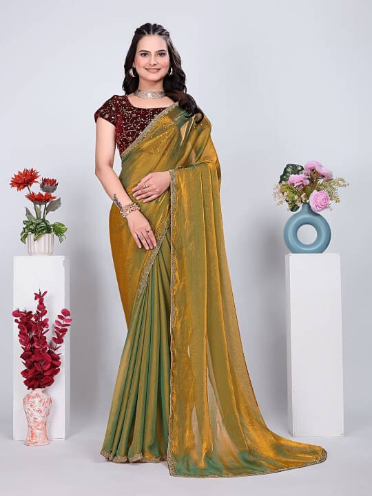 VRAGI Chiffon Embellished Regular Saree With Unstitched Blouse Piece ( Gold ) VRAGI Chiffon Embellished Regular Saree With Unstitched Blouse Piece ( Gold )