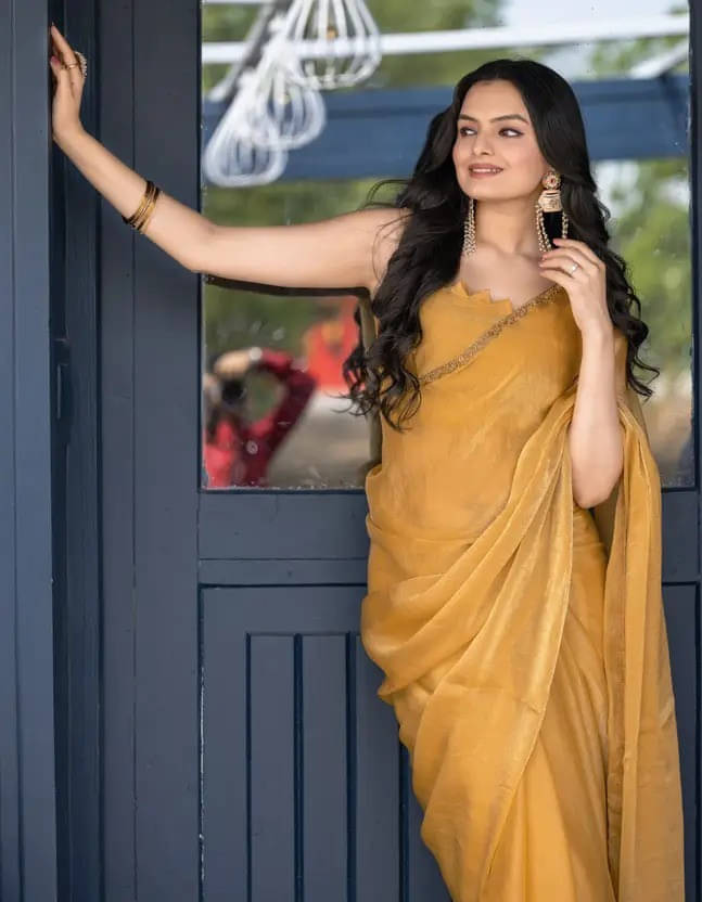 VRAGI Chiffon Embellished Regular Saree With Unstitched Blouse Piece ( Mustard ) VRAGI Chiffon Embellished Regular Saree With Unstitched Blouse Piece ( Mustard )