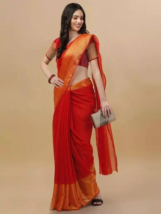 VRAGI Chiffon Embellished Regular Saree With Unstitched Blouse Piece ( Red ) VRAGI Chiffon Embellished Regular Saree With Unstitched Blouse Piece ( Red )