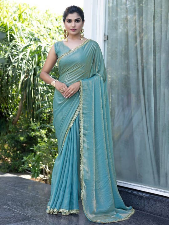     			VRAGI Chiffon Embellished Regular Saree With Unstitched Blouse Piece ( Light Blue )