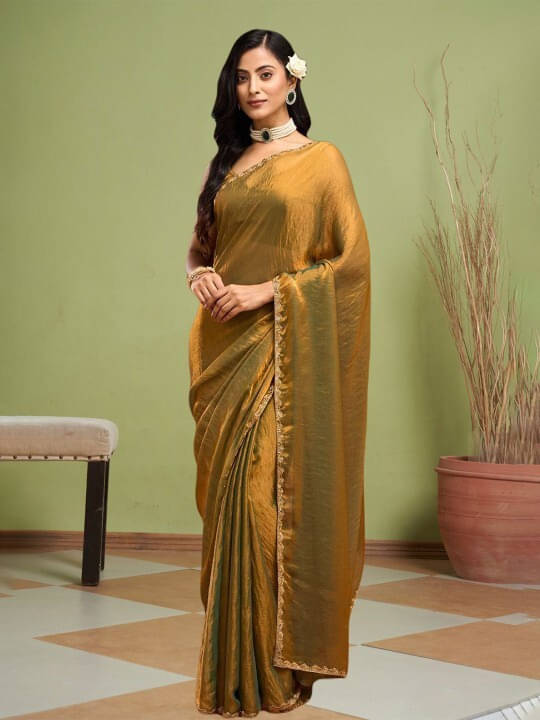 VRAGI Chiffon Embellished Regular Saree With Unstitched Blouse Piece ( Gold ) VRAGI Chiffon Embellished Regular Saree With Unstitched Blouse Piece ( Gold )