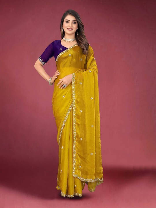     			VRAGI Chiffon Embellished Regular Saree With Unstitched Blouse Piece ( Yellow )