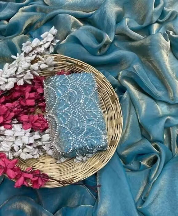 VRAGI Chiffon Embellished Regular Saree With Unstitched Blouse Piece ( Light Blue ) VRAGI Chiffon Embellished Regular Saree With Unstitched Blouse Piece ( Light Blue )