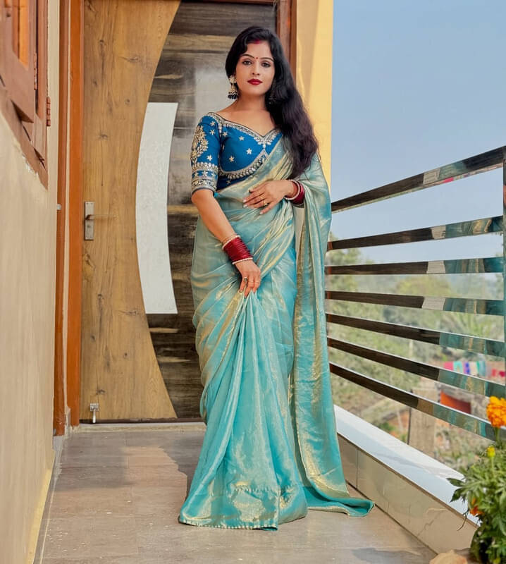 VRAGI Chiffon Embellished Regular Saree With Stitched Blouse ( Light Blue ) VRAGI Chiffon Embellished Regular Saree With Stitched Blouse ( Light Blue )
