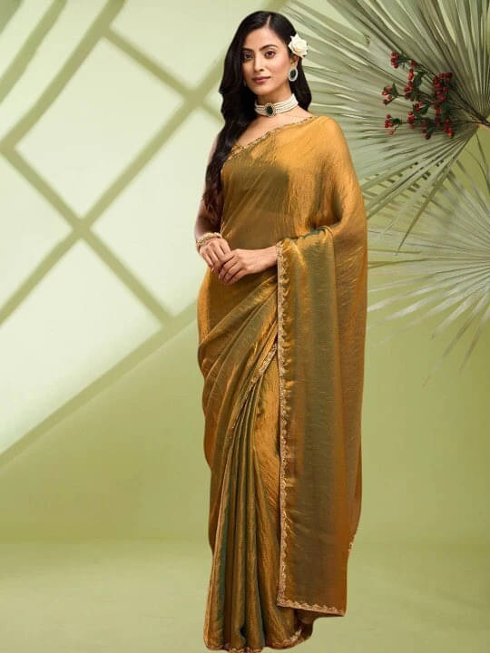     			VRAGI Chiffon Embellished Regular Saree With Unstitched Blouse Piece ( Gold )