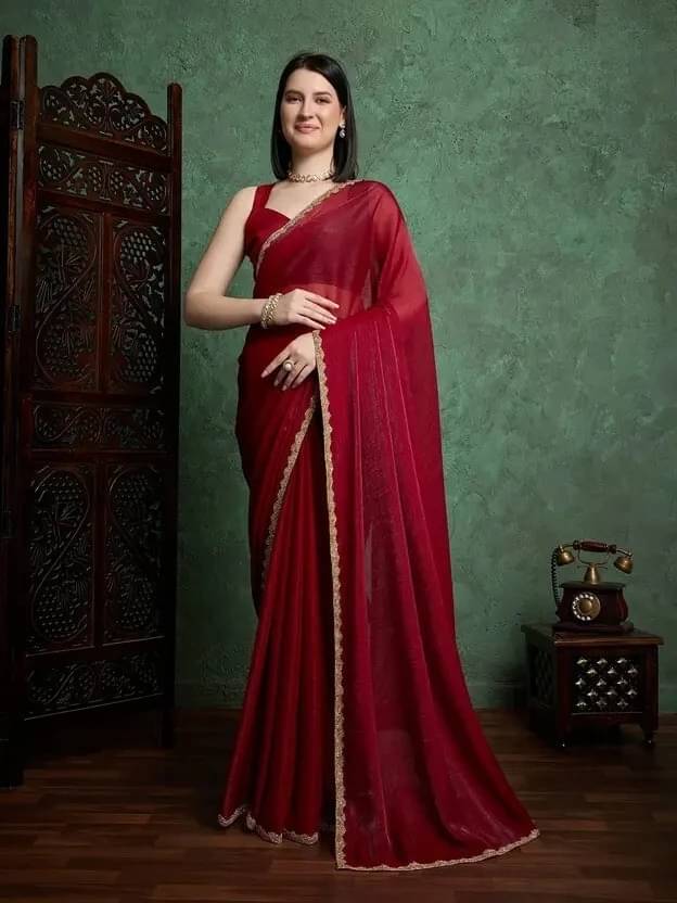     			VRAGI Chiffon Embellished Regular Saree With Unstitched Blouse Piece ( Maroon )