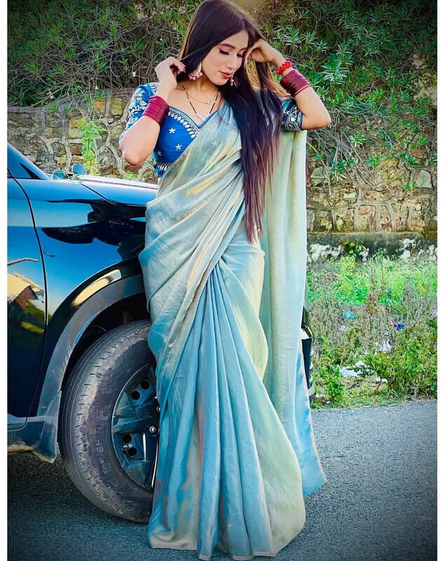 VRAGI Chiffon Embellished Regular Saree With Stitched Blouse ( Light Blue ) VRAGI Chiffon Embellished Regular Saree With Stitched Blouse ( Light Blue )