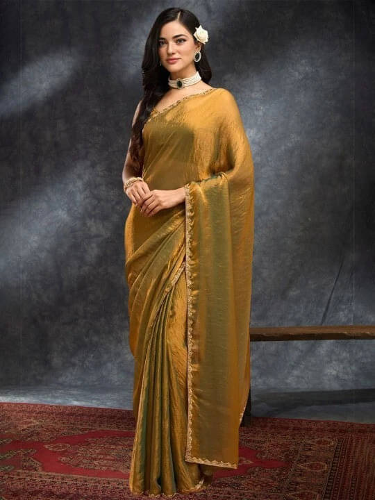     			VRAGI Chiffon Embellished Regular Saree With Unstitched Blouse Piece ( Gold )