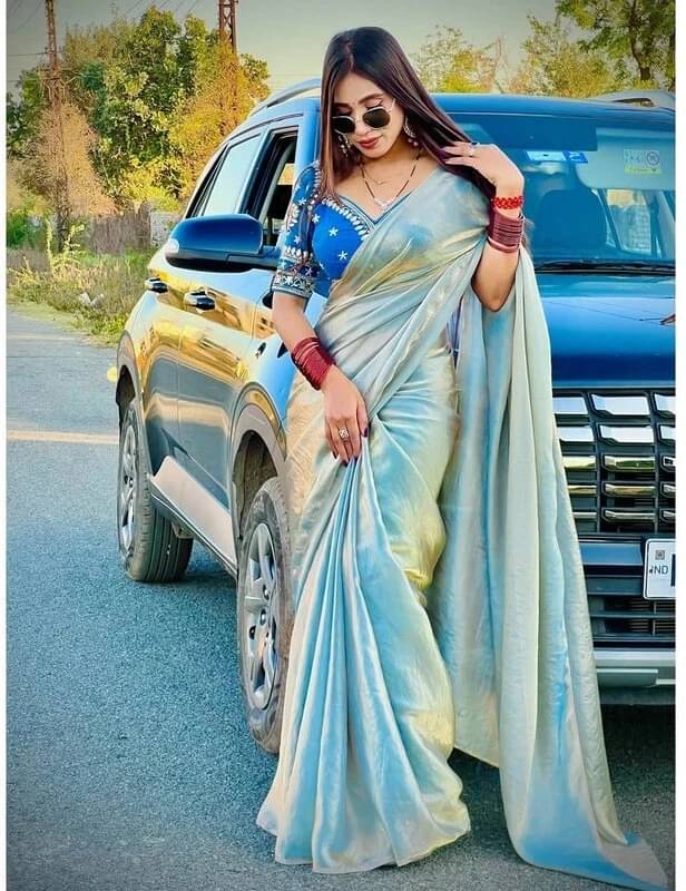 VRAGI Chiffon Embellished Regular Saree With Stitched Blouse ( Light Blue ) VRAGI Chiffon Embellished Regular Saree With Stitched Blouse ( Light Blue )