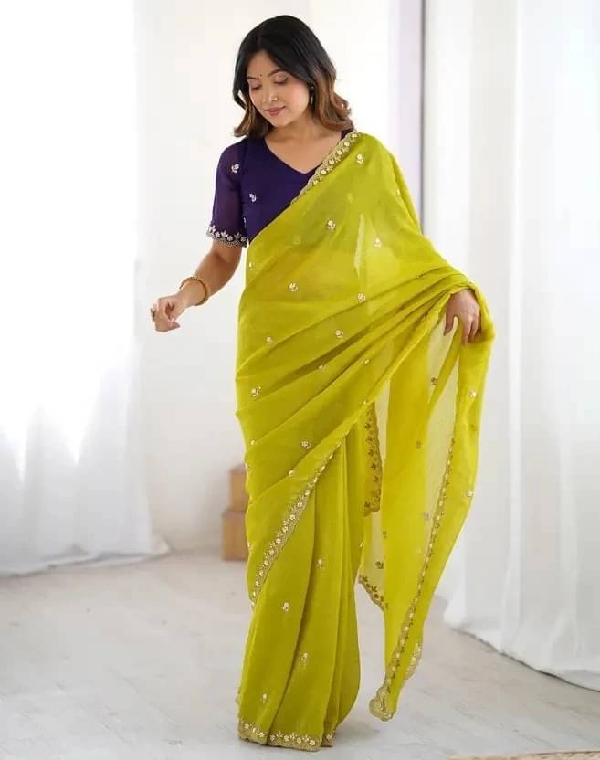     			VRAGI Chiffon Embroidered Regular Saree With Unstitched Blouse Piece ( Yellow )
