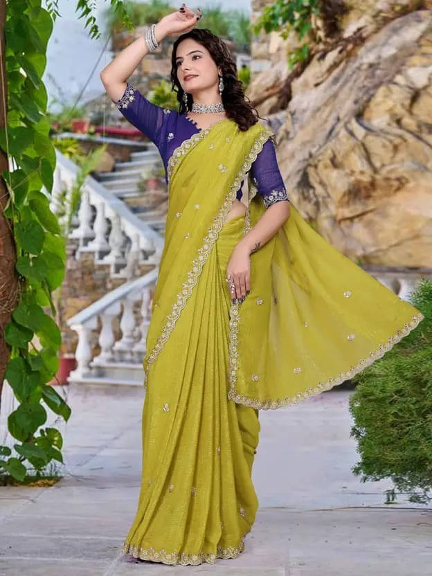     			VRAGI Chiffon Embroidered Regular Saree With Unstitched Blouse Piece ( Navy Blue )