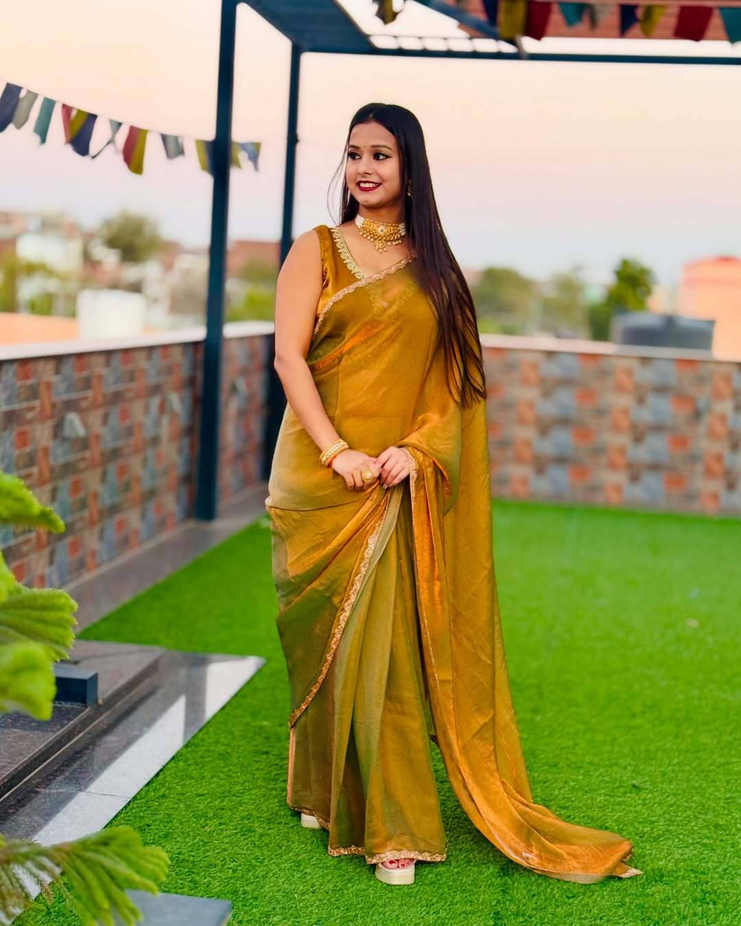     			VRAGI Chiffon Embroidered Regular Saree With Unstitched Blouse Piece ( Gold )