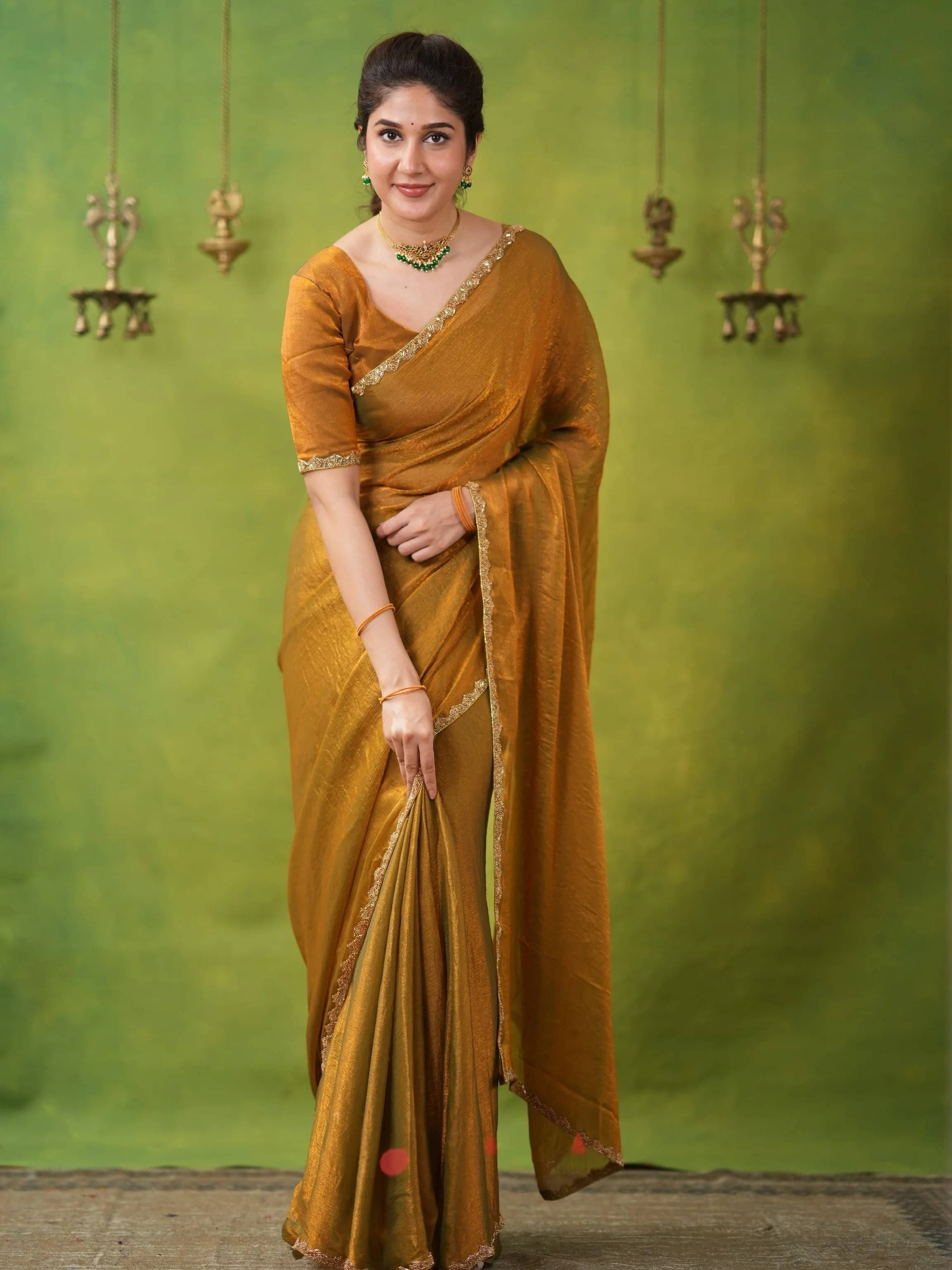     			VRAGI Chiffon Self Design Regular Saree With Unstitched Blouse Piece ( Gold )