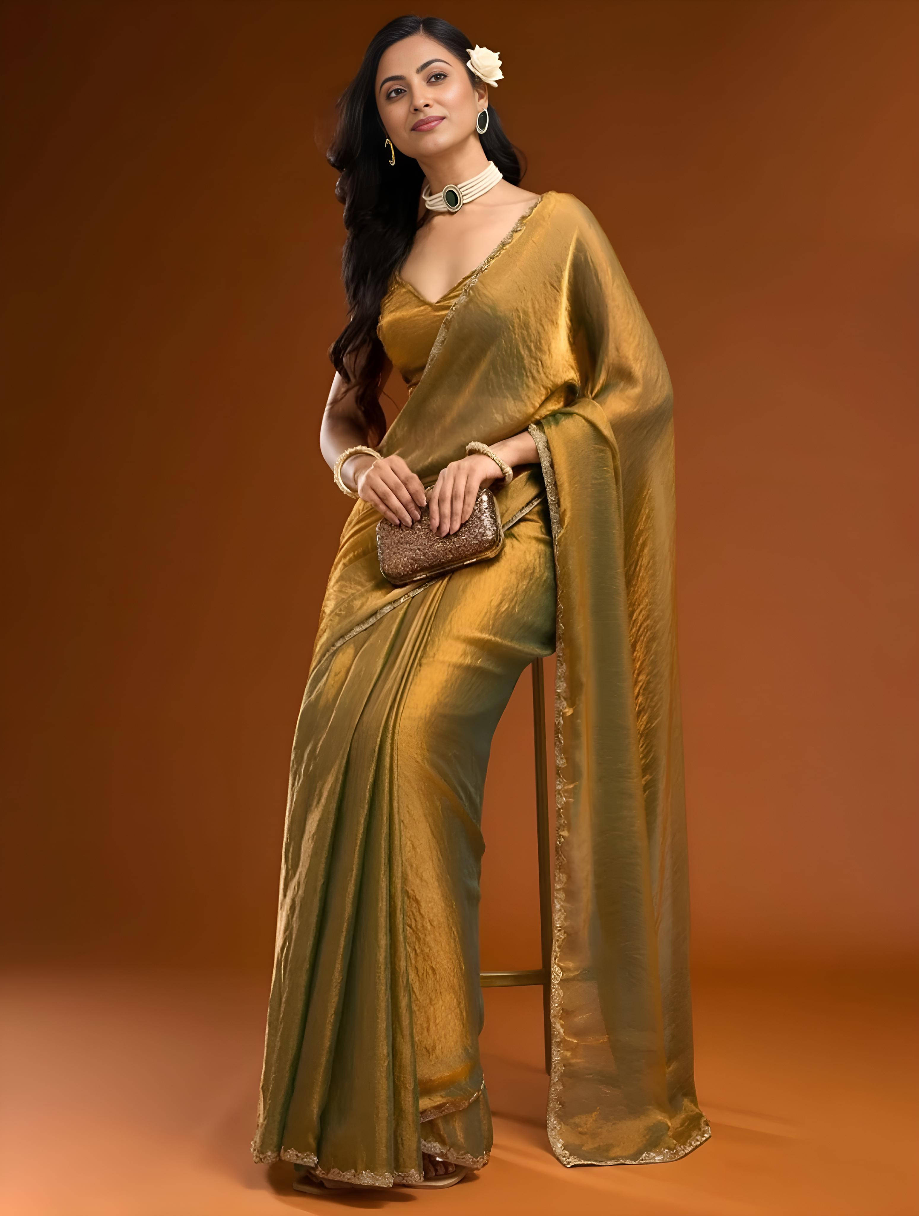     			VRAGI Chiffon Self Design Regular Saree With Unstitched Blouse Piece ( Gold )