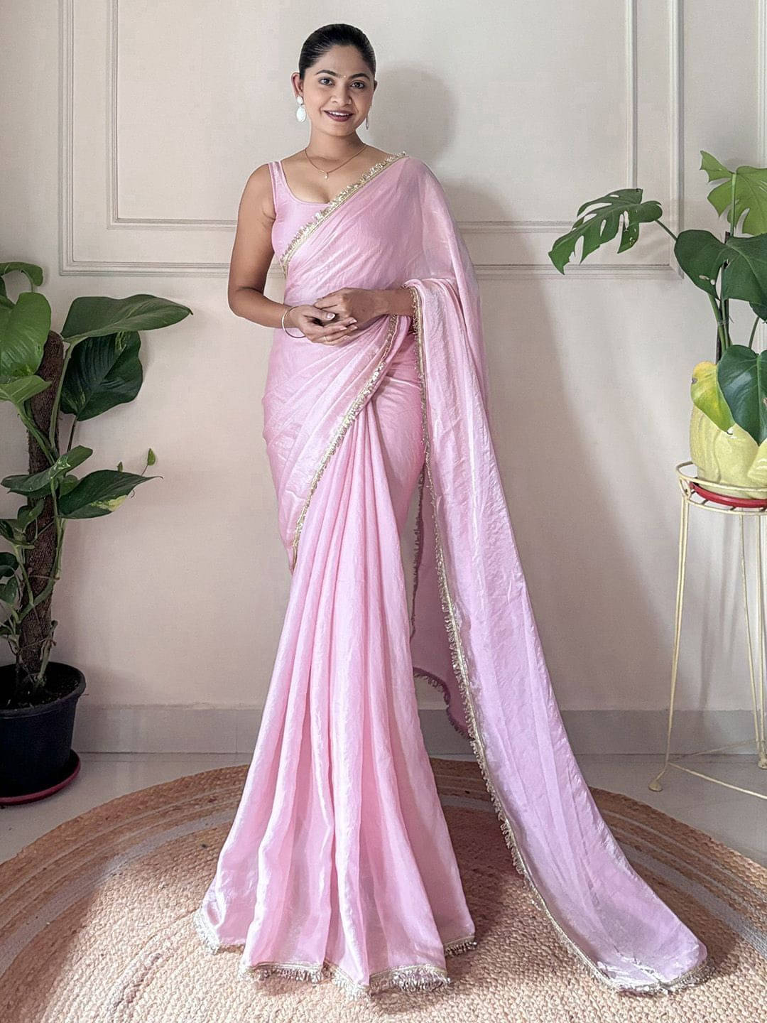     			VRAGI Chiffon Self Design Regular Saree With Unstitched Blouse Piece ( Pink )