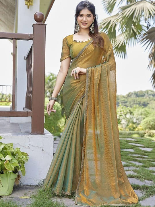     			VRAGI Chiffon Self Design Regular Saree With Unstitched Blouse Piece ( Gold )