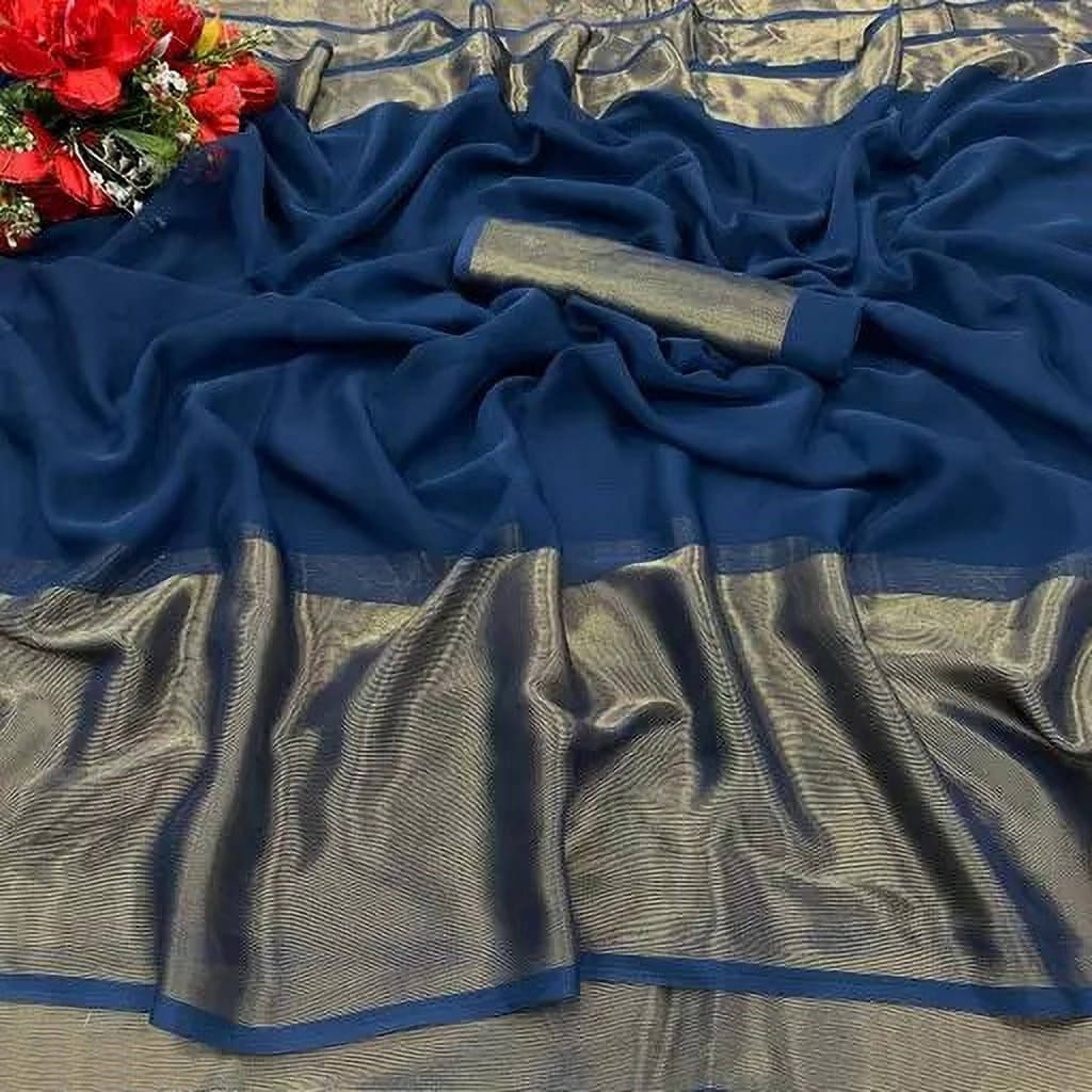     			VRAGI Chiffon Self Design Regular Saree With Unstitched Blouse Piece ( Navy Blue )