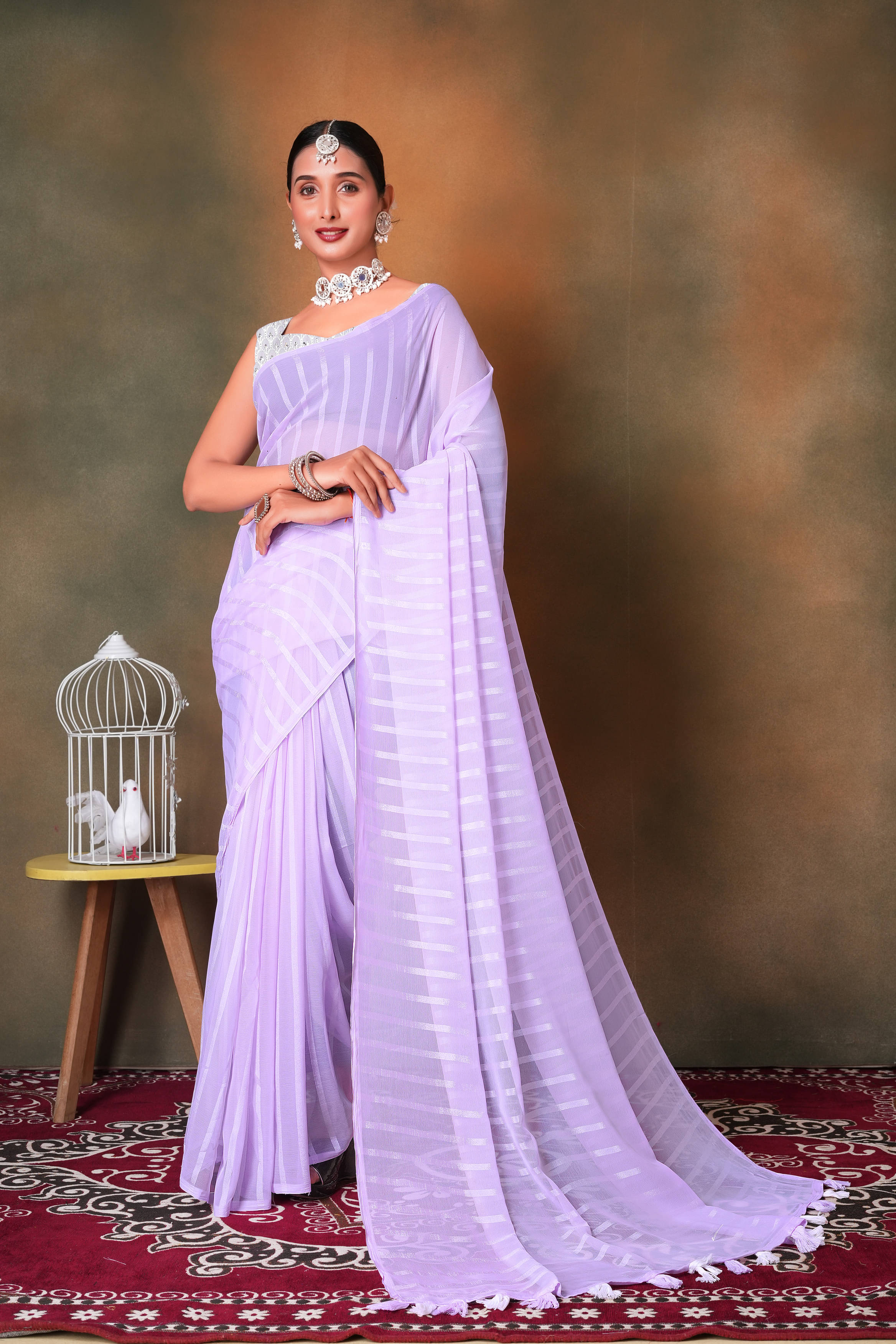     			VRAGI Chiffon Self Design Regular Saree With Unstitched Blouse Piece ( Purple )