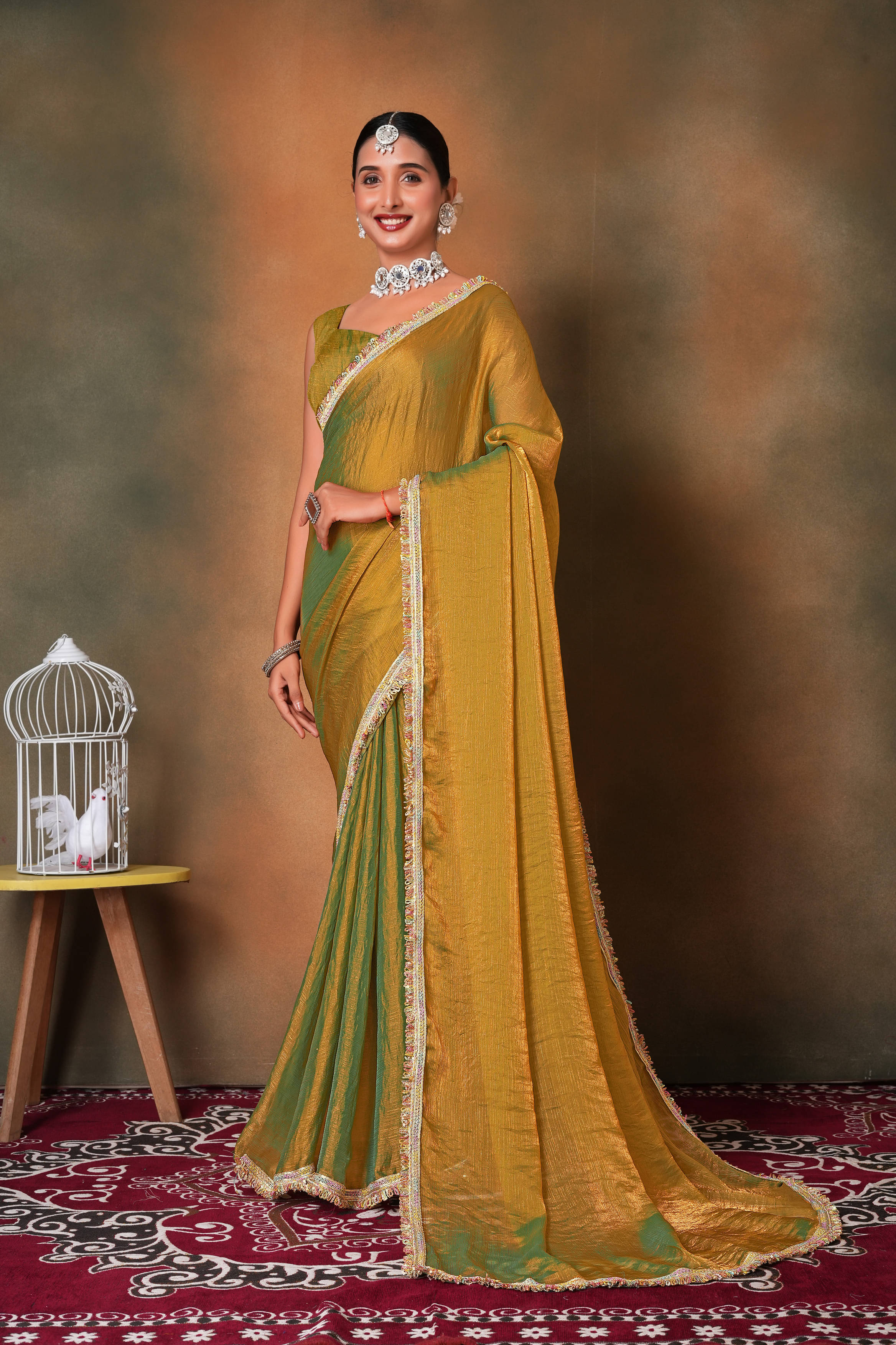     			VRAGI Chiffon Self Design Regular Saree With Unstitched Blouse Piece ( Gold )