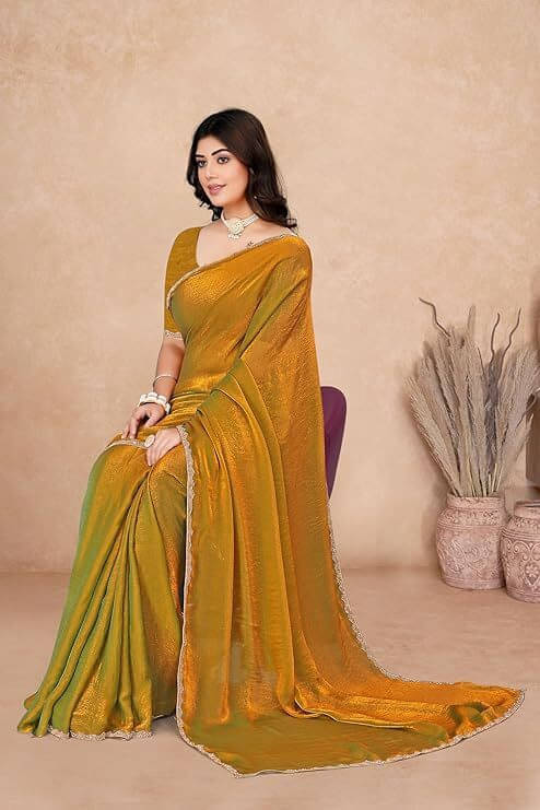     			VRAGI Chiffon Self Design Regular Saree With Unstitched Blouse Piece ( Gold )
