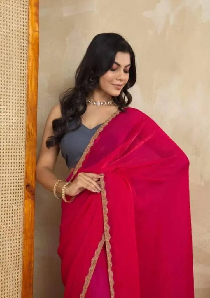 VRAGI Chiffon Solid Regular Saree With Unstitched Blouse Piece ( Red ) VRAGI Chiffon Solid Regular Saree With Unstitched Blouse Piece ( Red )