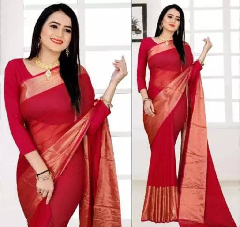 VRAGI Chiffon Solid Regular Saree With Unstitched Blouse Piece ( Red ) VRAGI Chiffon Solid Regular Saree With Unstitched Blouse Piece ( Red )