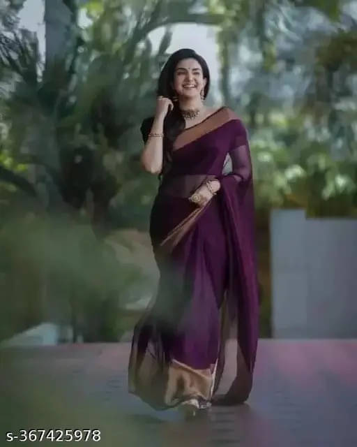 VRAGI Chiffon Solid Regular Saree With Unstitched Blouse Piece ( Purple ) VRAGI Chiffon Solid Regular Saree With Unstitched Blouse Piece ( Purple )