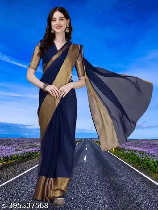 VRAGI Chiffon Solid Regular Saree With Unstitched Blouse Piece ( Navy Blue ) VRAGI Chiffon Solid Regular Saree With Unstitched Blouse Piece ( Navy Blue )
