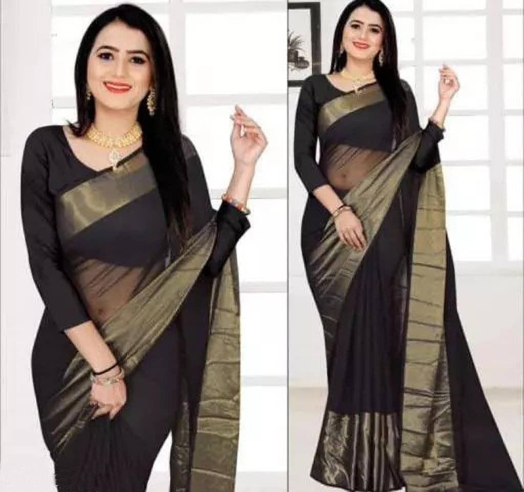     			VRAGI Chiffon Solid Regular Saree With Unstitched Blouse Piece ( Black )