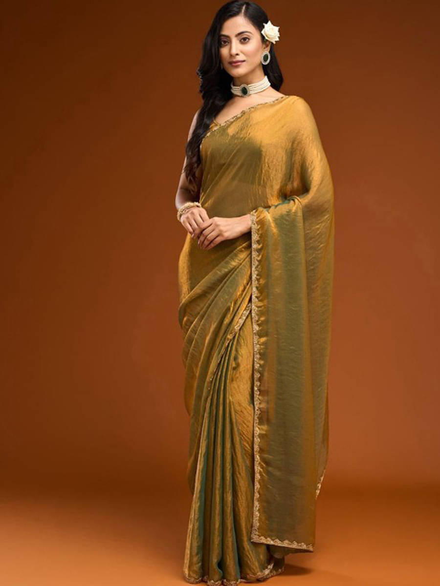    			VRAGI Chiffon Solid Regular Saree With Unstitched Blouse Piece ( Gold )