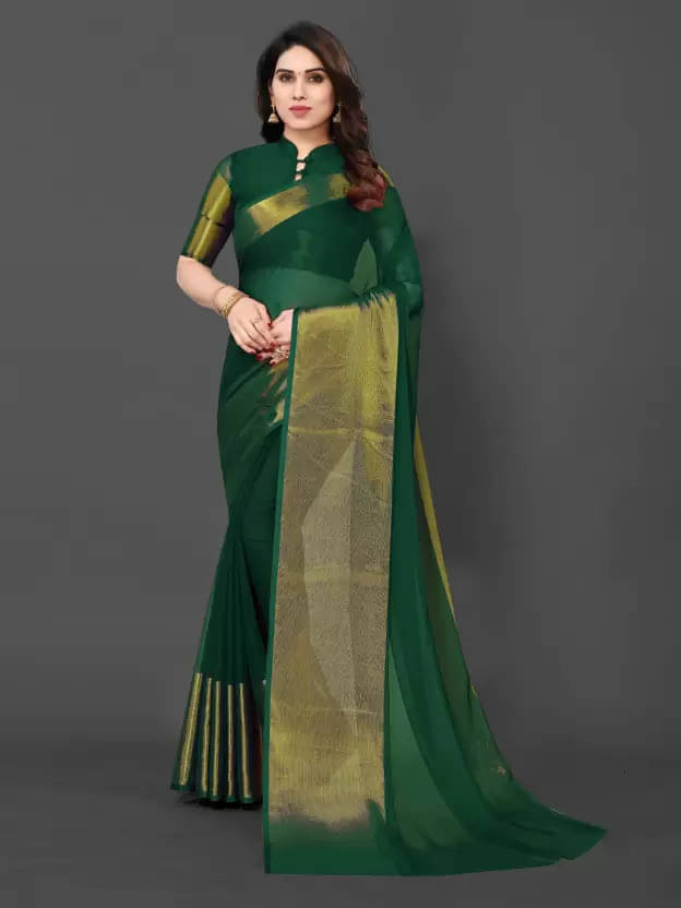 VRAGI Chiffon Solid Regular Saree With Unstitched Blouse Piece ( Green ) VRAGI Chiffon Solid Regular Saree With Unstitched Blouse Piece ( Green )