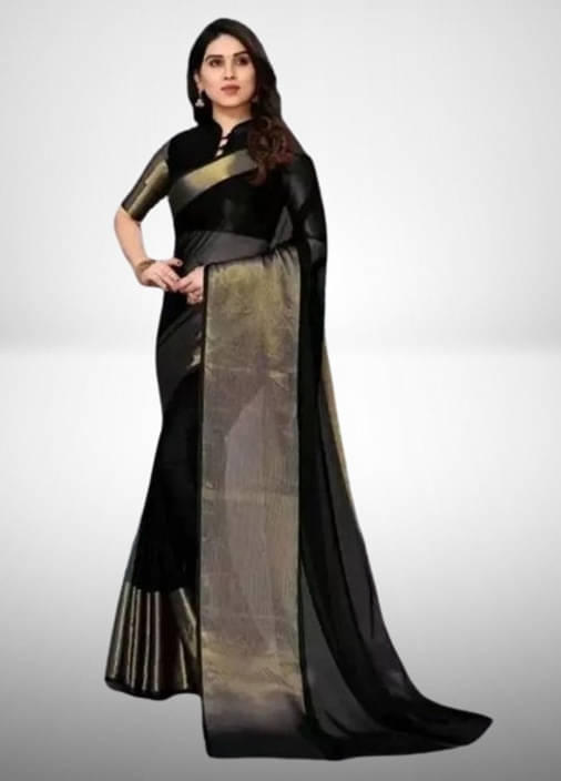     			VRAGI Chiffon Solid Regular Saree With Unstitched Blouse Piece ( Black )