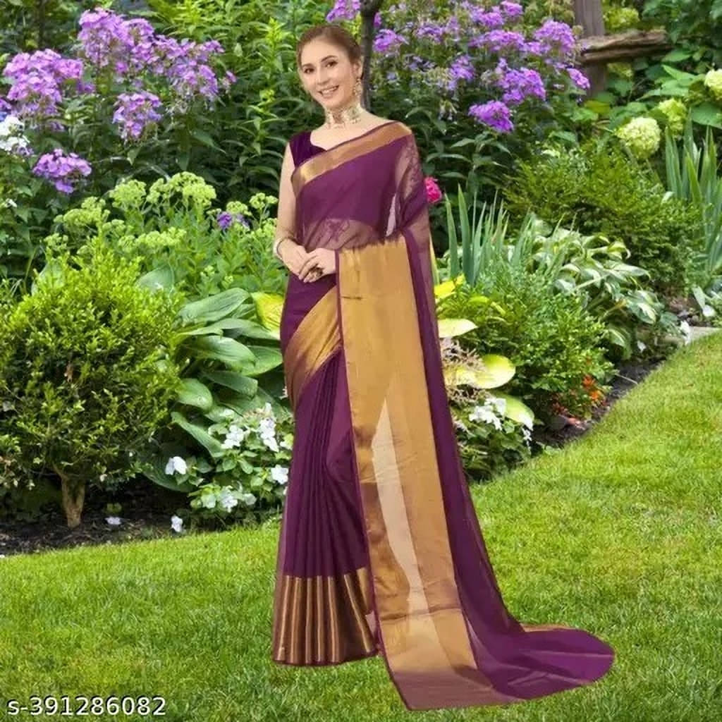 VRAGI Chiffon Solid Regular Saree With Unstitched Blouse Piece ( Purple ) VRAGI Chiffon Solid Regular Saree With Unstitched Blouse Piece ( Purple )