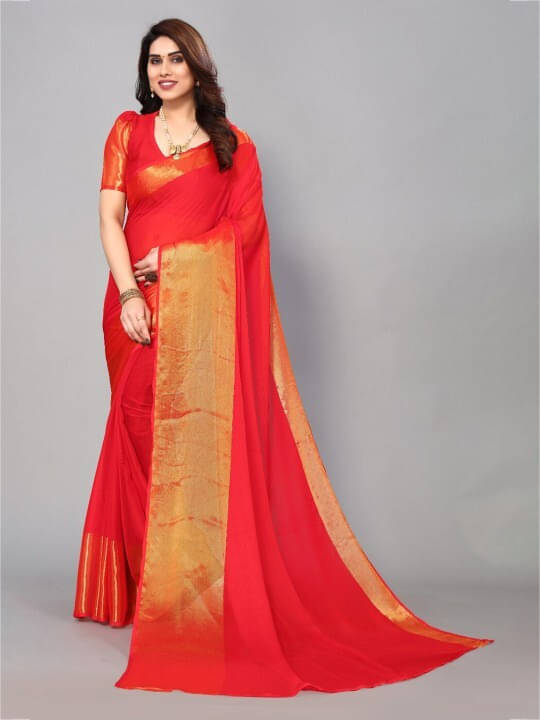 VRAGI Chiffon Solid Regular Saree With Unstitched Blouse Piece ( Red ) VRAGI Chiffon Solid Regular Saree With Unstitched Blouse Piece ( Red )