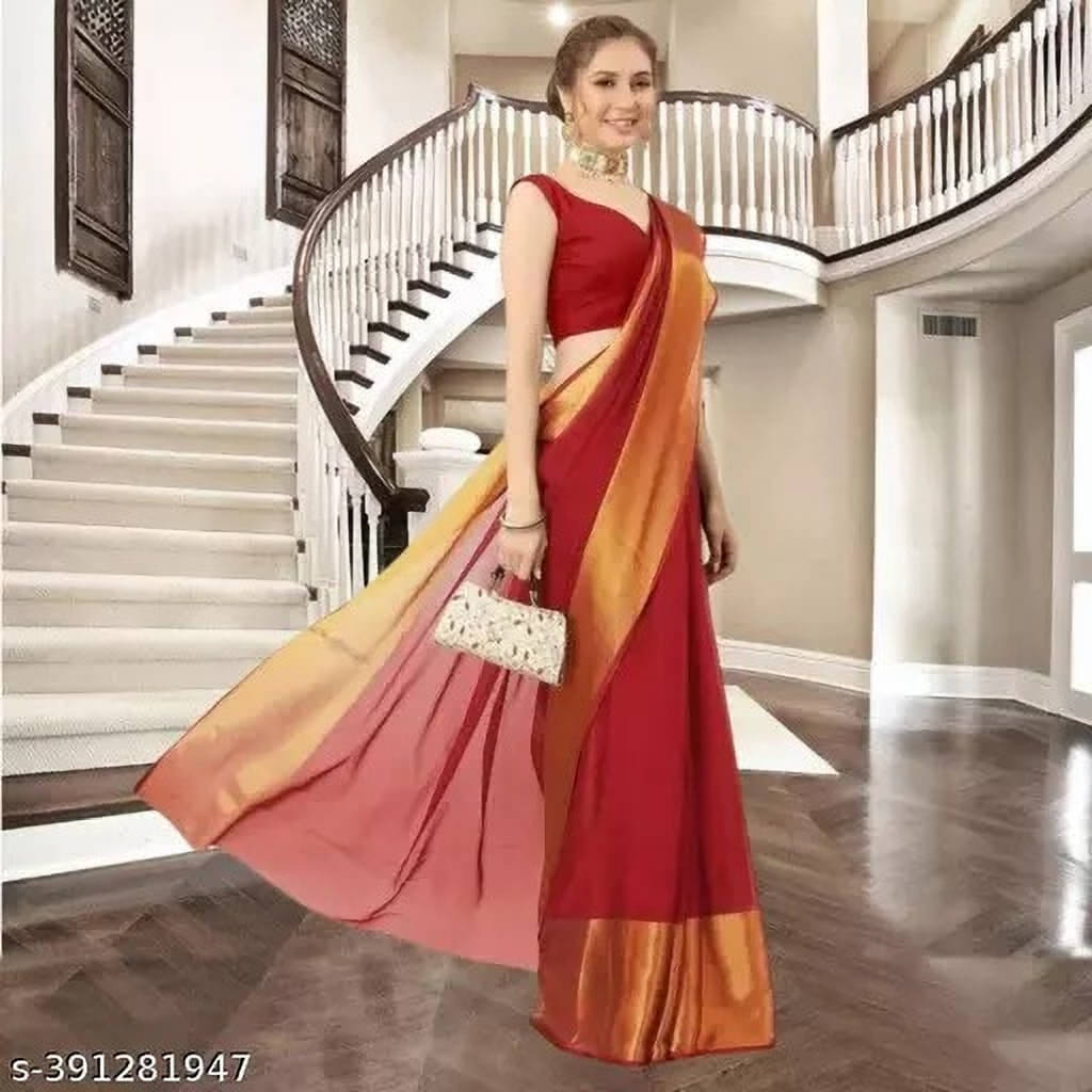 VRAGI Chiffon Solid Regular Saree With Unstitched Blouse Piece ( Red ) VRAGI Chiffon Solid Regular Saree With Unstitched Blouse Piece ( Red )