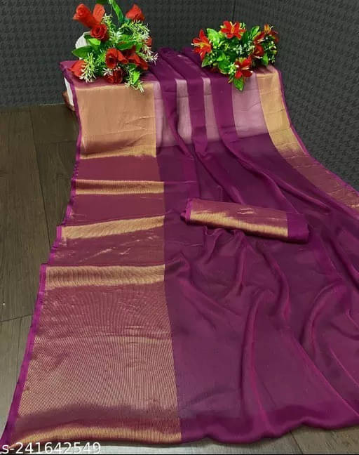 VRAGI Chiffon Solid Regular Saree With Unstitched Blouse Piece ( Purple ) VRAGI Chiffon Solid Regular Saree With Unstitched Blouse Piece ( Purple )